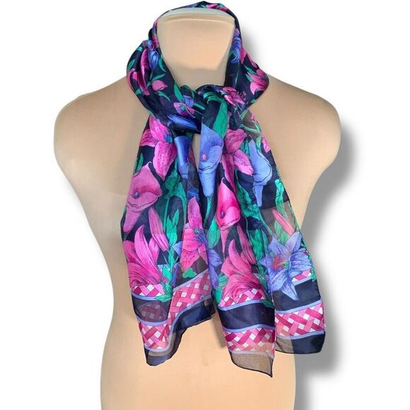 Berkshire Made in Italy Floral Scarf Sheer Bright Pink Purple Green Polyester - Picture 4 of 9